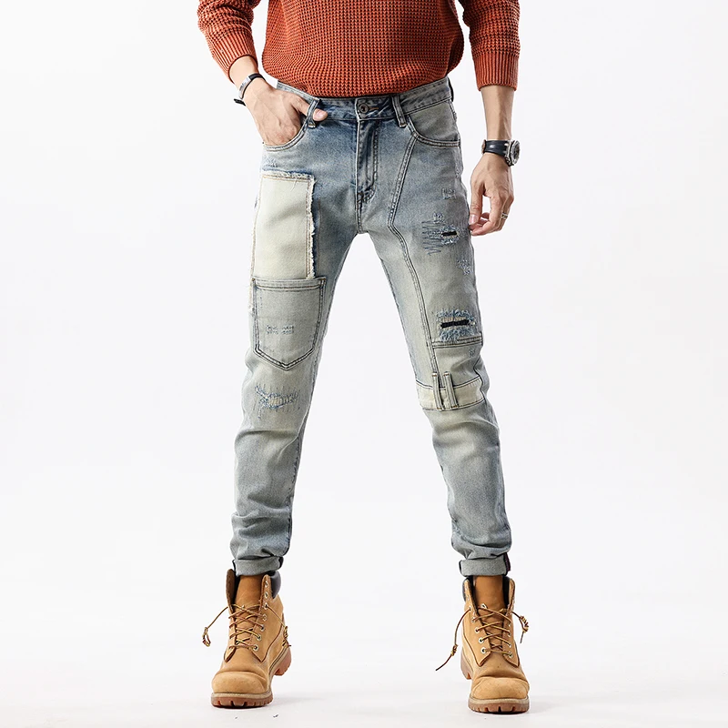 Grey Blue Black Hip Hop Denim Trousers Streetwear Casual Slim Fit Jeans for Men Jogging jeanMen's Trousers