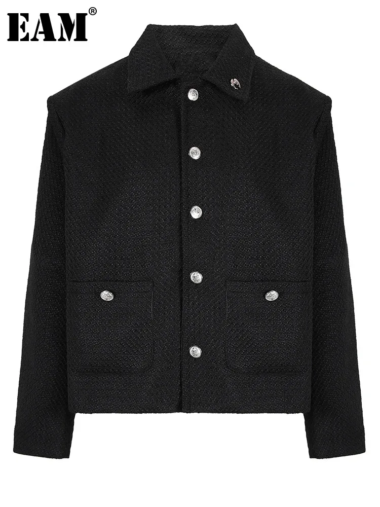 

[EAM] Loose Fit Black Pocket Thick Big Size Woolen Coat New Lapel Long Sleeve Women Jacket Fashion Autumn Winter 2024 CPG0923
