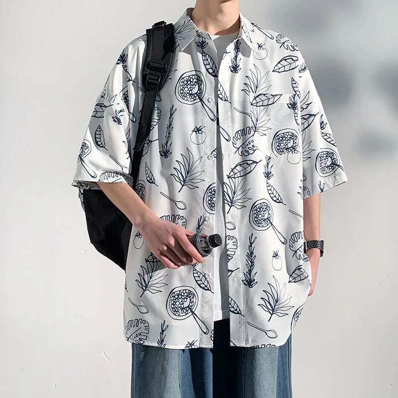 

Men's Hawaiian Cartoon Leaves Floral Shirt Summer Daily Top Short Sleeve Men Clothing Casual Holiday Stylish Beach Chemise Homme