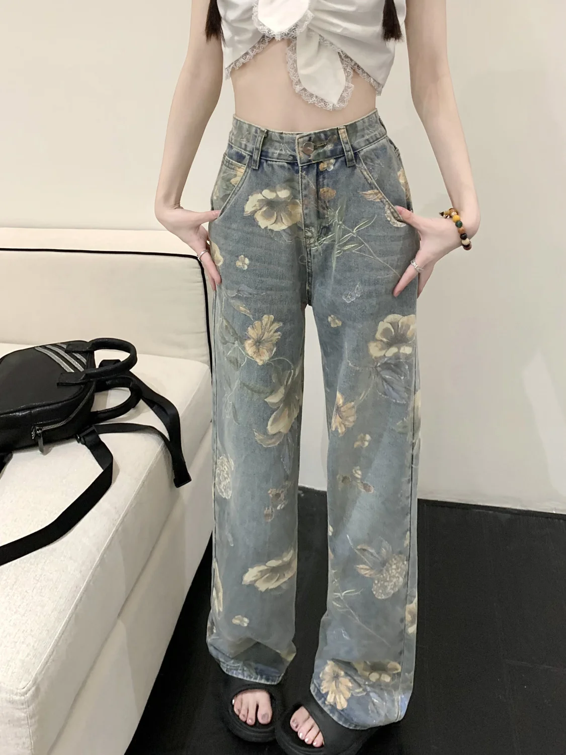 Vintage Hottie Fashion Printing Jeans Women Summer High Waist Appear Thin All-match Casual Wide Legs Mopping the Floor Trousers