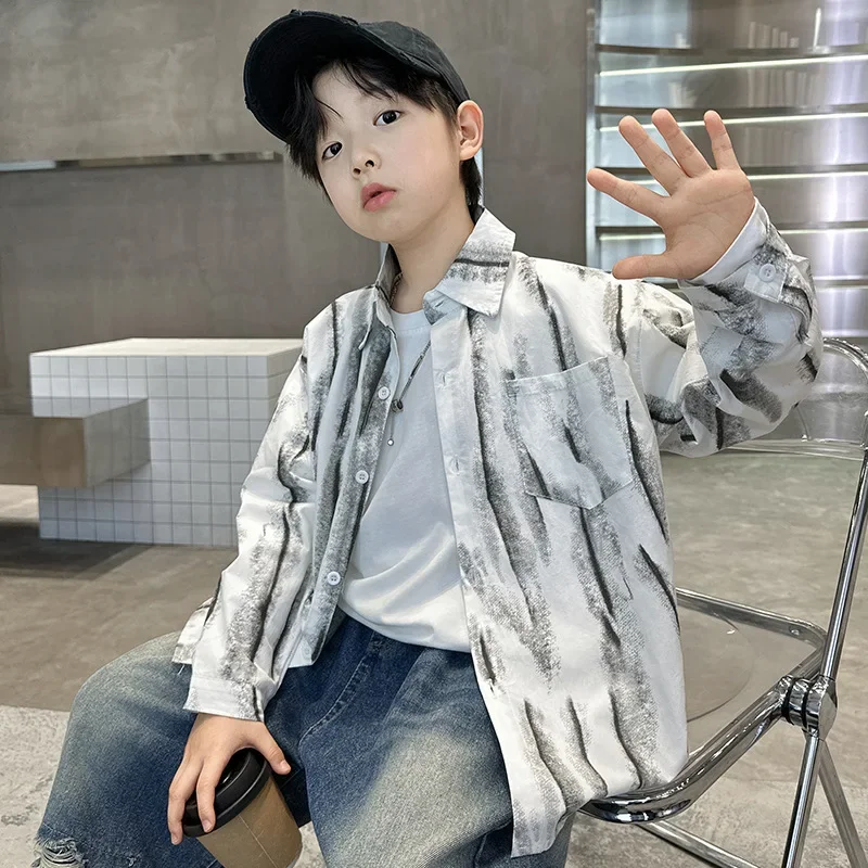 Spring Autumn Stripe Boys Shirt Long Sleeve Thin Outerwear for Middle Large Children Boy Top Quality Kids Clothing