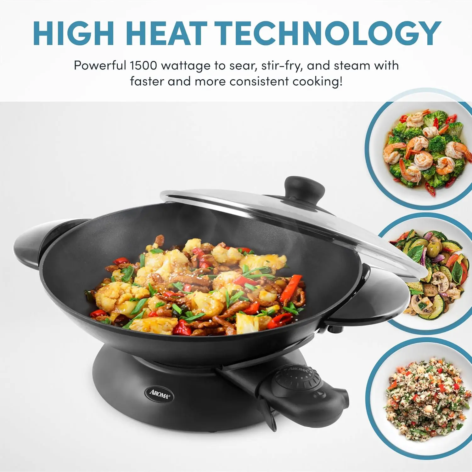 Housewares AEW-306 Electric Wok with Tempered Glass Lid Easy Clean Nonstick, Cooking Chopsticks, Tempura and Steaming Rack 5