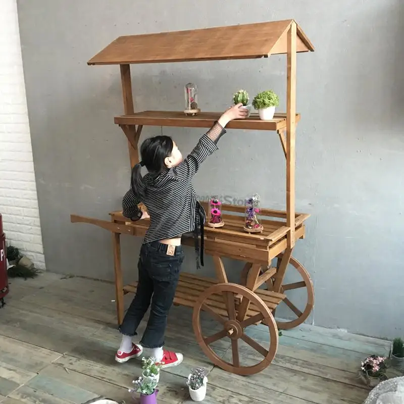 Pastoral Flower Rack Solid Wood Cart Storage Rack Balcony Storage Shopping Mall Creative Promotion Car Outdoor Decoration