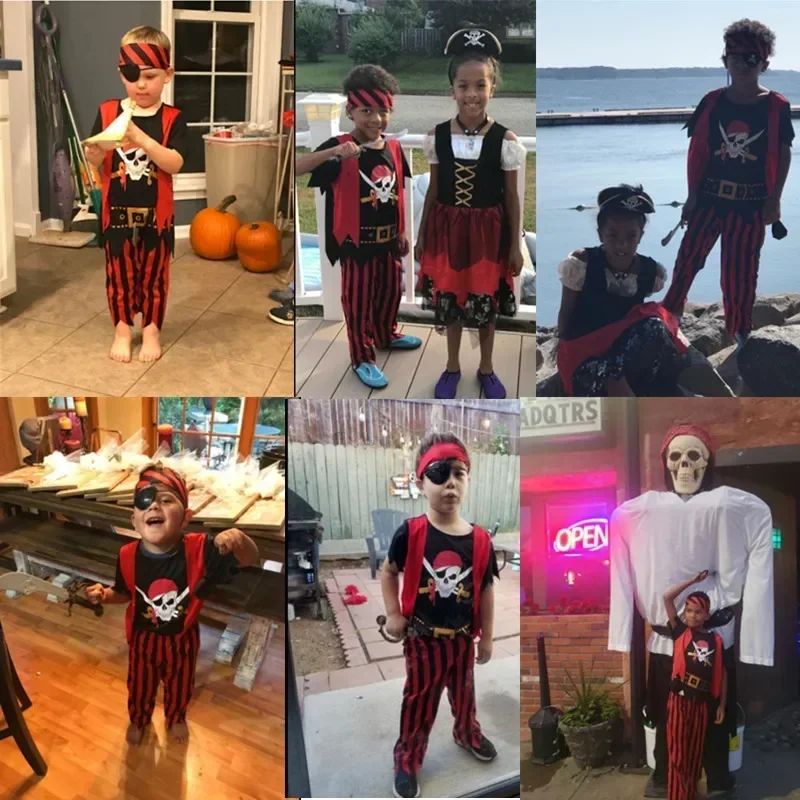 Boys Pirate Skull Dress Up Clothes Kids Printed Striped T-Shirt Pants Partywear Captain Jack Adventure Pirate Toys Gifts