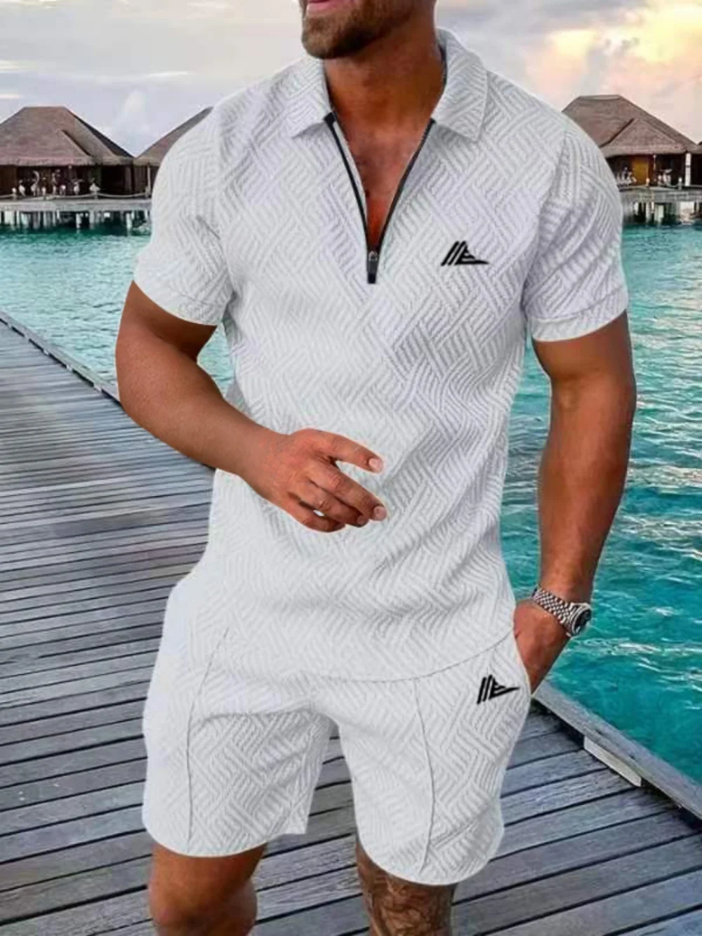 2025 Men's trendy summer short sleeve printed suit Beach style series creative pattern lapel breathable suit 6