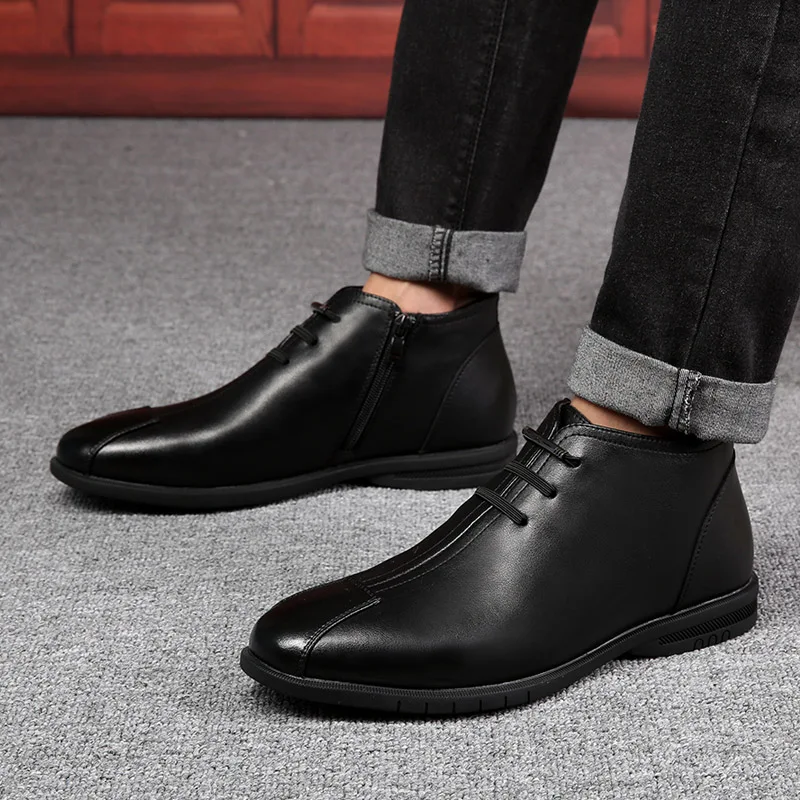 Botas de cuero sin para hombre, zapatos hechos mano, botines casuales, zapatos planos de diseñador, Otoño e Invierno - AliExpress