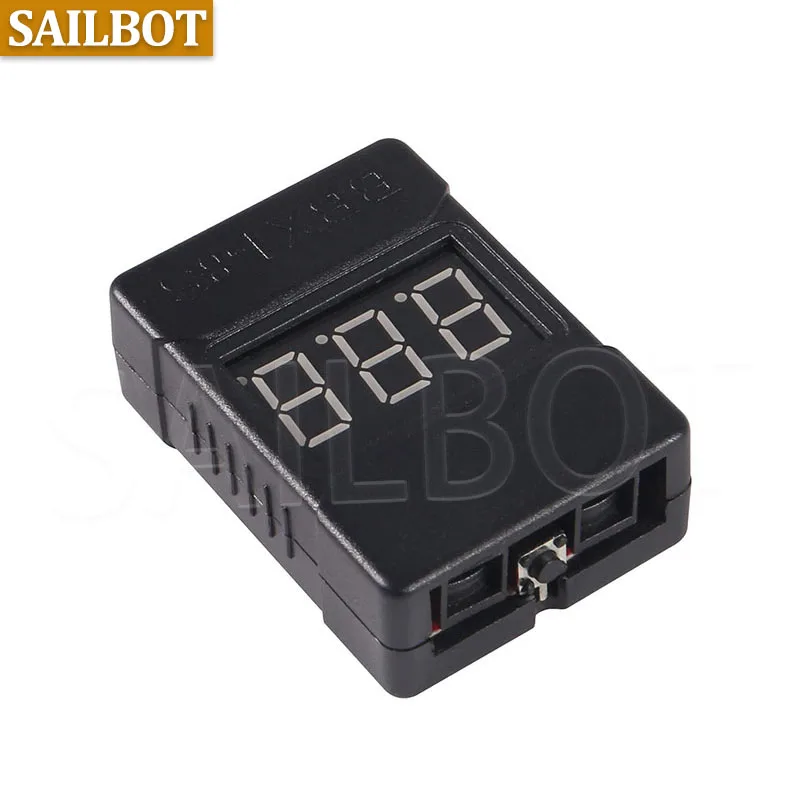 Vue détaillée du testeur de batterie LiPo 1-8S avec étui, montrant les broches et le sélecteur.
