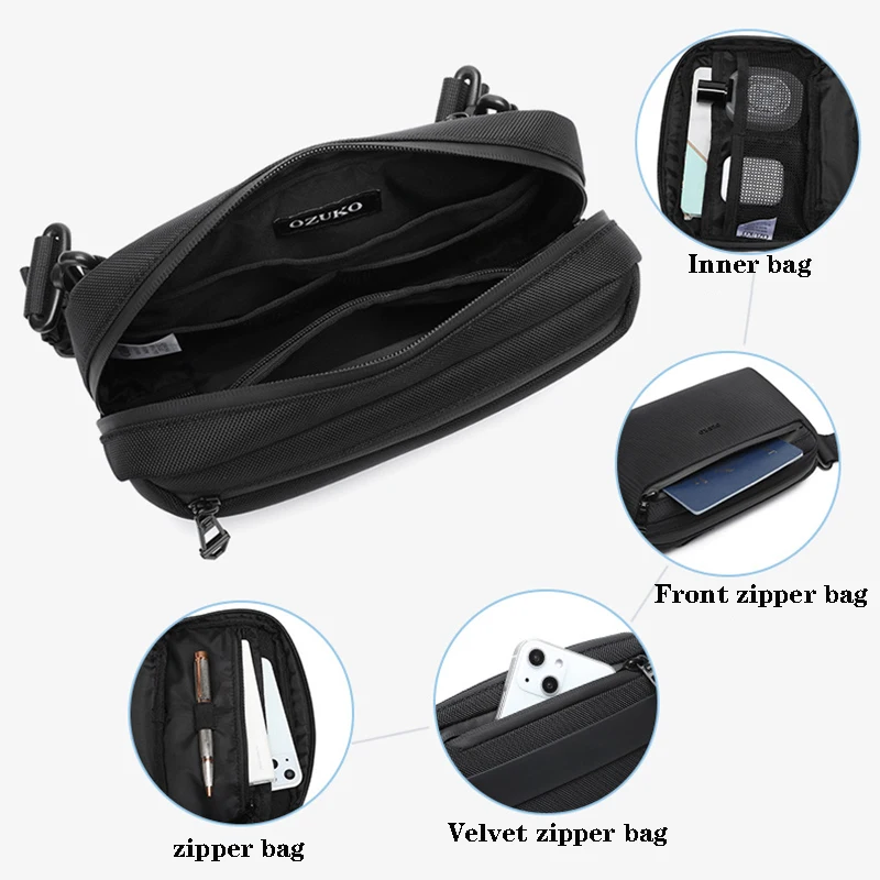 OZUKO Men's Handbag Multi Functional Commuter Crossbody Bag Simple Waterproof Multi Zone Digital Storage Bag