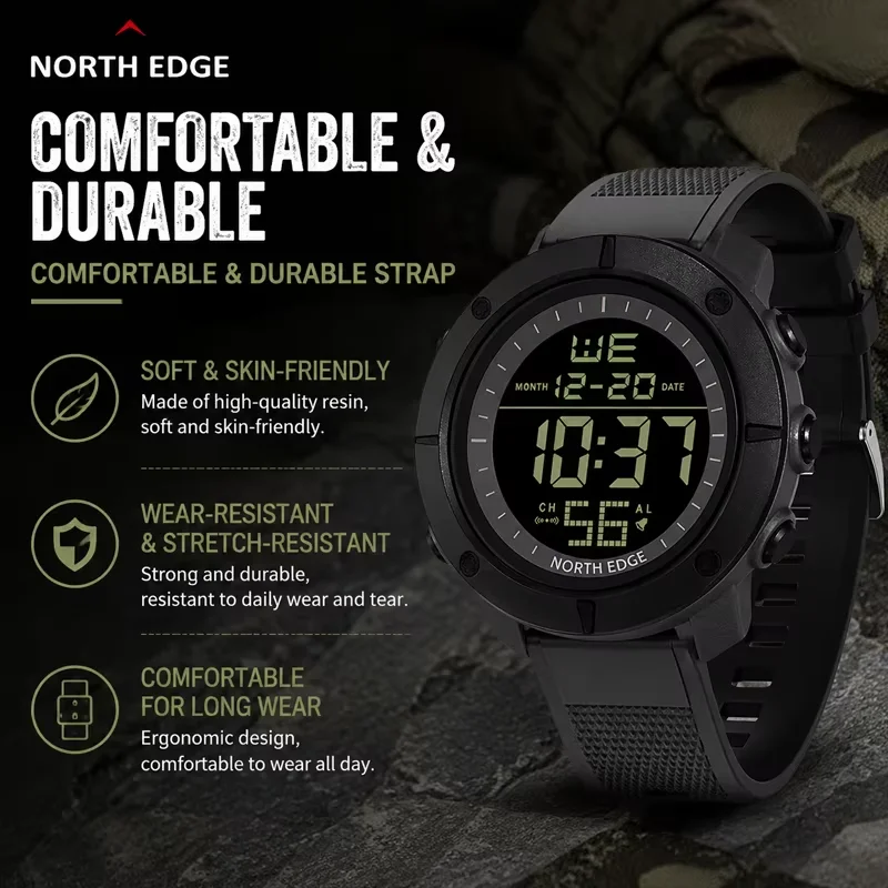 NORTH EDGE TANK Outdoor Men's Waterproof Watch with Alarm and EL Backlight Silicone Band