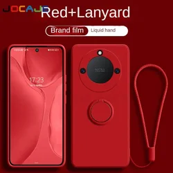 Liquid Silicone Ring Stand Phone Case with Lanyard and Magnetic Soft Cover - Realme 11X (Red)