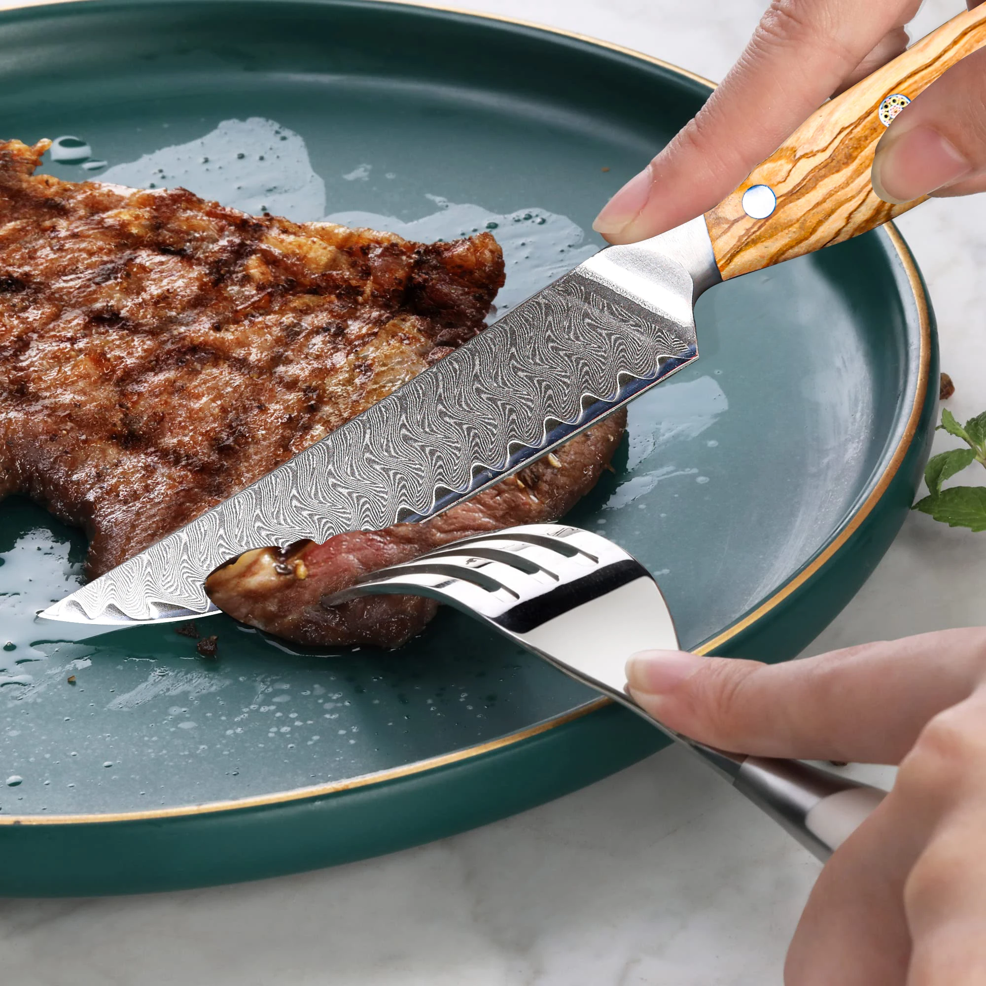 ダマスカス鋼ステーキナイフセット、ウエスタン食器、ロティリティ