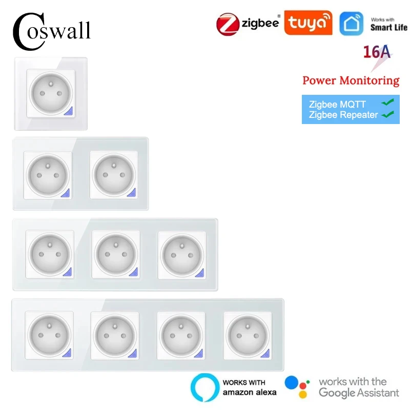 Coswall Painel de Vidro Preto Branco Zigbee Tuya Mais Bluetooth Inteligente fr 2fr 3fr Tomada de Parede Aterro com Monitoramento de Eletricidade