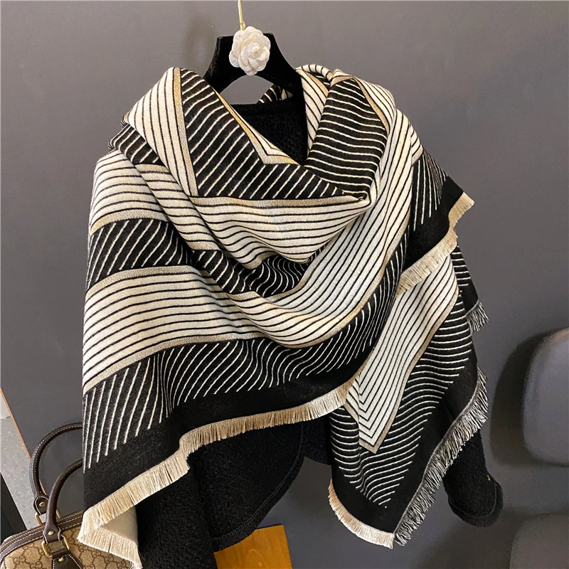 

2022 Cashmere Warm Winter Blanket Women Scarf Striped Pashmina Thick Shawl and Wraps Bufanda Large Square Travel Poncho Stoles