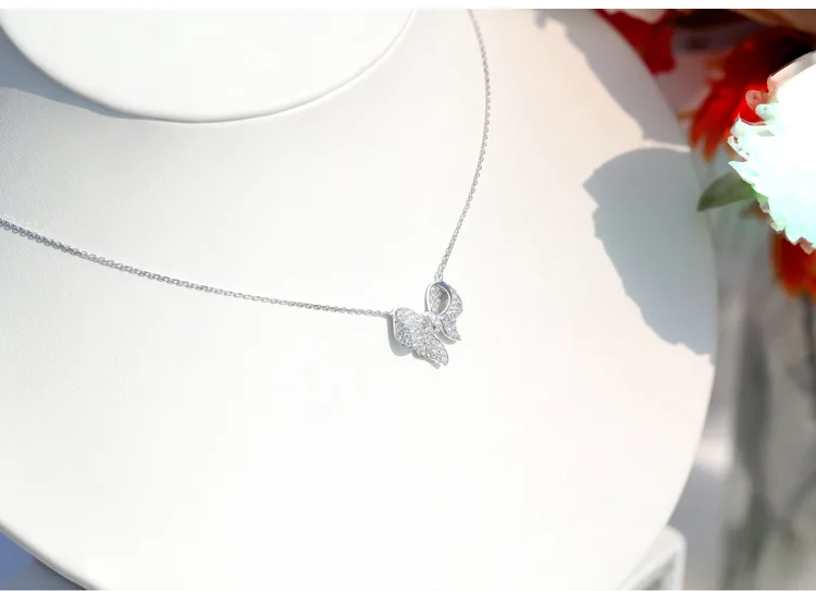Fashion Cute Bow Pendant Necklace Brilliant 925 Sterling Silver Choker Unquie Women Wedding Engagement Jewelry Gift pendant necklace silver necklace silver pendant