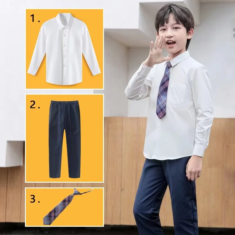 

Школьная форма для мальчиков-подростков, дизайнерская белая блузка с длинным рукавом и брюки, размеры 110-180 хлопка, качественные детские костюмы, костюмы для мальчиков
