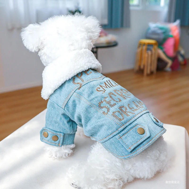 Pet Jacket 1PC Pet Suit Dog Cat Plush Thickened Warm Denim Letter Lapel Cotton Coat for Small and Medium sized Dogs