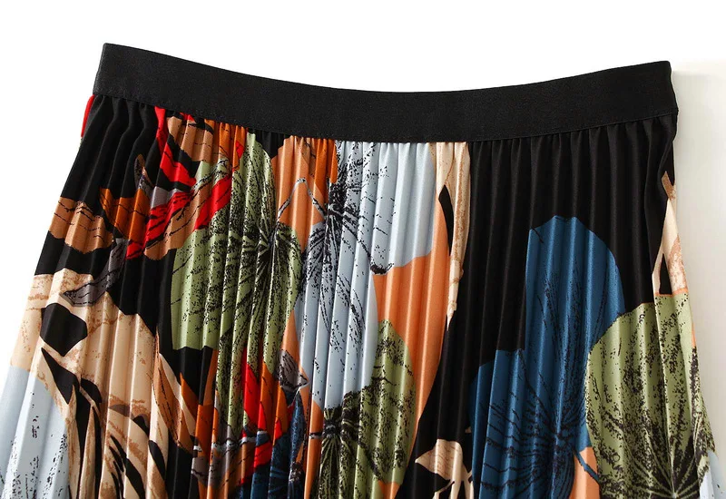 2026 Spring Summer Floral Print Pleated Long Skirts Women Elastic High-waist A-line Casual Maxi Skirt