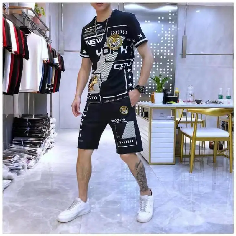 Men's Summer Short sleeve Shorts pants Suit Fashion Brand Handsome Printing Fashion Casual Slim-fit 2-piece Set