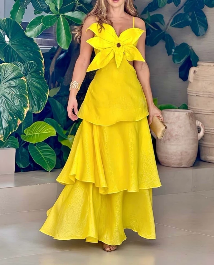 

Womens Dresses 2024 Summer Fashion Floral Pattern Hollow Out Spaghetti Strap Casual Ruffles Layered Cami Maxi Vacation Dress