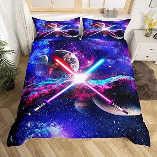 

Lightsaber Duvet Cover Set Full,Galaxy Universe Planet Bedding Set 3pcs for Teens Room Decor,Trippy Star Sky Comforter Cover