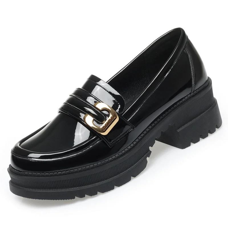 Women 2024 Spring Autumn Deep Mouth High Heels Loafers Patent Leather Chunky Platform Pumps Slip On Black Office Mary Jane Shoes