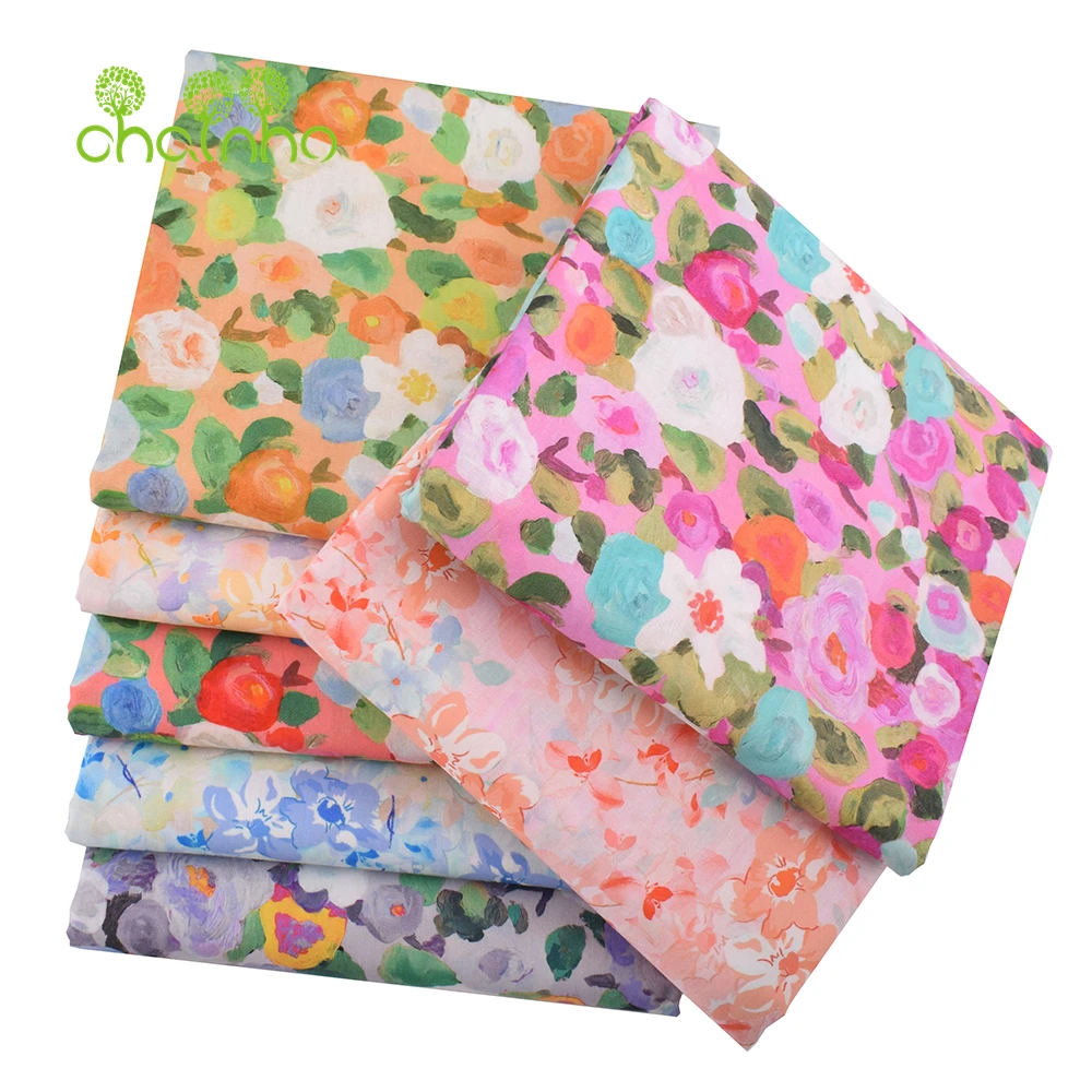 Chainho,Printed Plain Weave Poplin Cotton Fabric,DIY Quilting Sewing Material,Patchwork Cloth,Floral Series,2 Sizes,15PC216