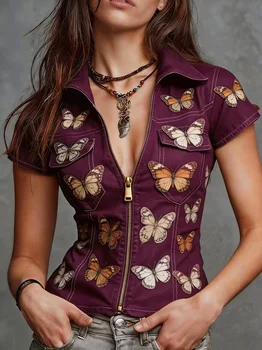 Women's Fashion Sexy Imitation Denim Butterfly Printed Short Sleeve Shirt with Real Pockets, Printed Design, No Texture 1