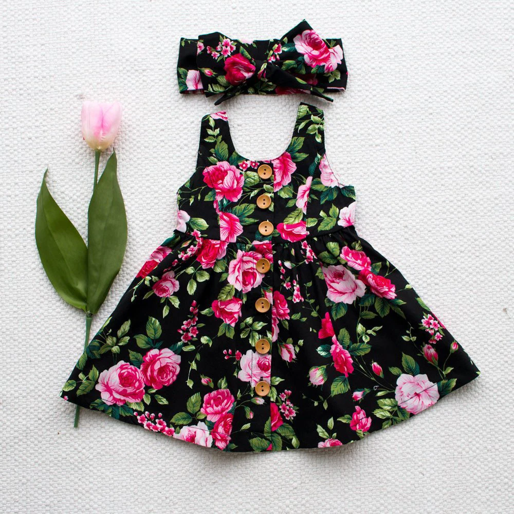 1-6Y Kid Dress With Headband Baby Girl Summer Sleeveless Floral Button Skirt Cotton Comfortable Soft Children Casual Clothing christmas dress