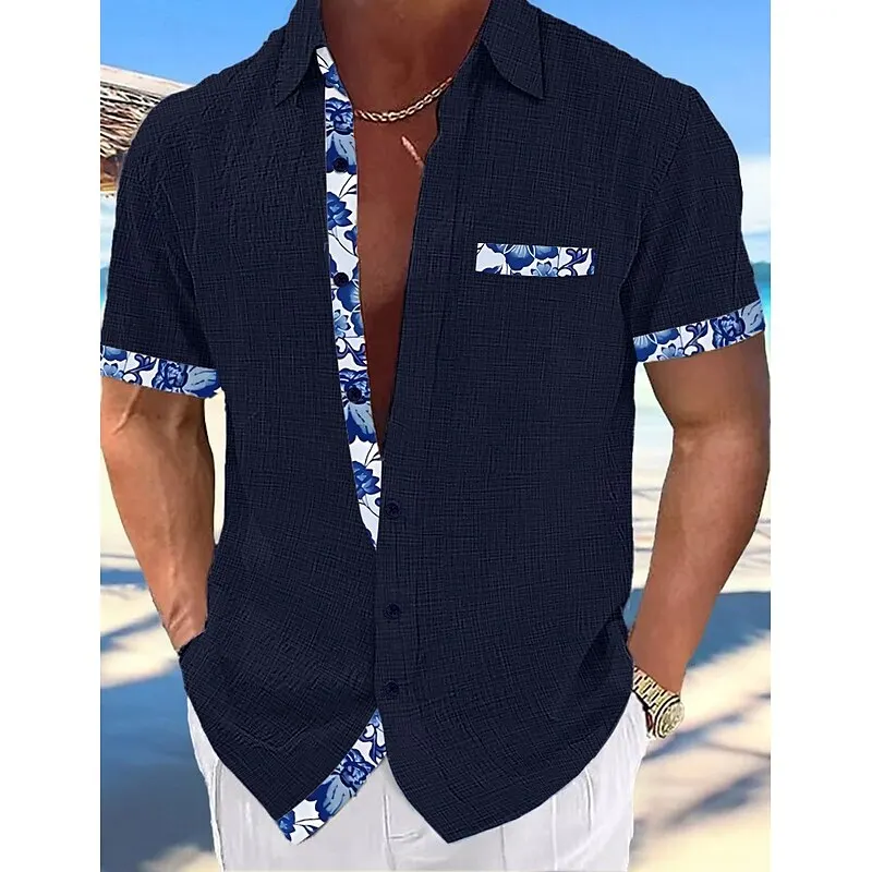 Short-sleeved shirt linen Cool and breathable Comfortable and healthy material Gradient blue Hawaiian beach men's cardigan