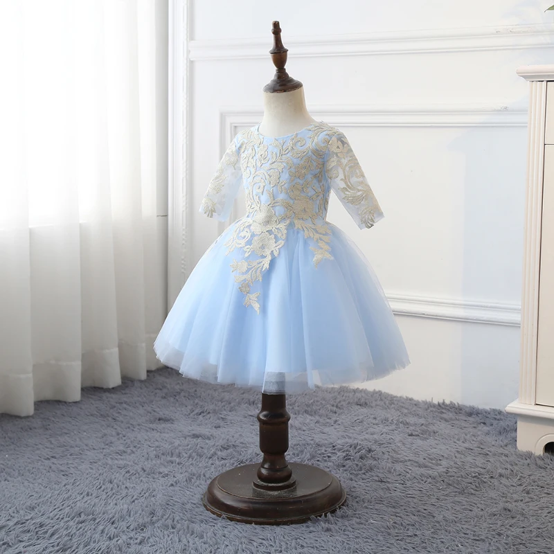 

2023 New Kids Simple Flower Girl Dress Lace O-Neck Half Sleeve Evening Dresses Children Tulle Knee-Length Formal Ball Gown