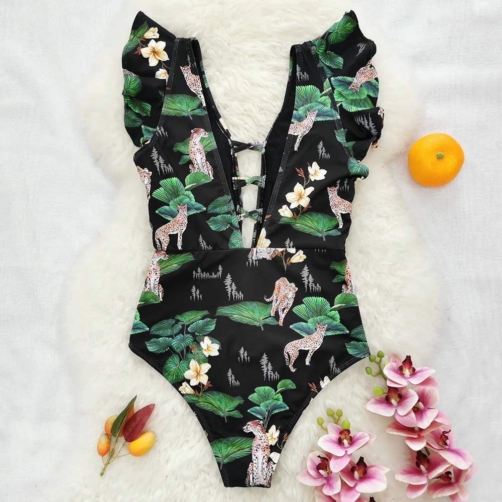 Printed One-piece Swimsuit Women New Sexy Swimwear High Waist Bikini Beach Beachwear Deep-V Bathing Suits Beach Wear Swim Suit