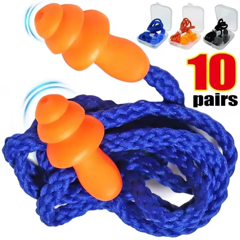 Reusable Silicone Noise-Cancelling Corded Ear Plugs with Banded String for Sleeping, Studying, and Swimming