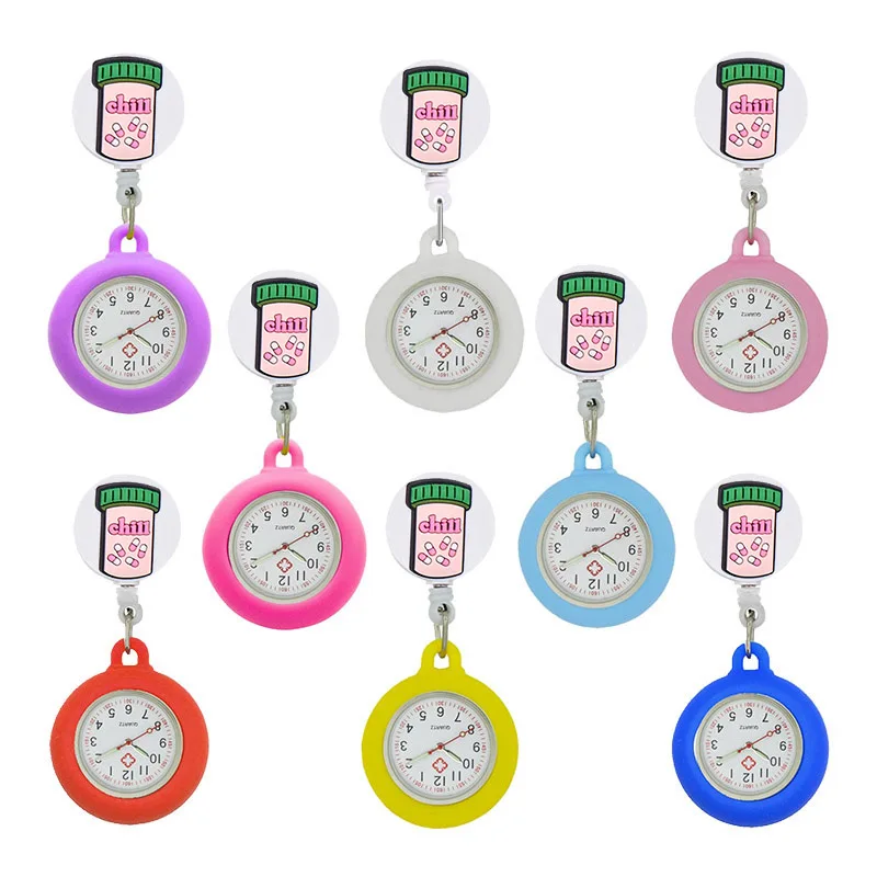 

YiJia Wholesale 10pc Lovely Nurse Pocket Watch Cartoon Drug Bottle Retractable Badge Reel Medical Reloj with Silicone Case