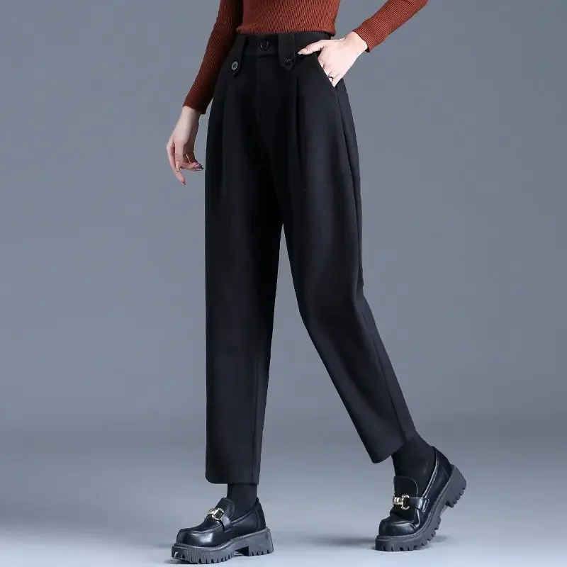 Pantaloni Haren a tubo dritto allentato sottile a vita alta tinta unita da donna autunno e inverno Pantaloni da donna da ufficio alla moda e casual 3