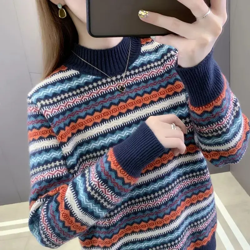 

Women Autumn Winter Korean New Half High Neck Pullover Sweater Fashion Vintage Stripe Lazy Style Versatile Long Sleeve Knit Tops