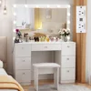 Vanity Makeup Desk with Lighted Mirror, Power Outlet, Soft Stool and 7 Drawers, 3 Color Lighting Modes Adjustable Brightness 1