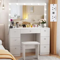 Vanity Makeup Desk with Lighted Mirror, Power Outlet, Soft Stool and 7 Drawers, 3 Color Lighting Modes Adjustable Brightness 1