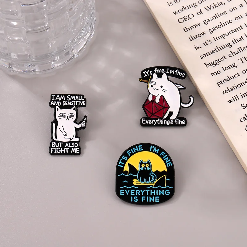 It's Fine I'm Fine Enamel Pins Custom Funny Cat Sharks Sword