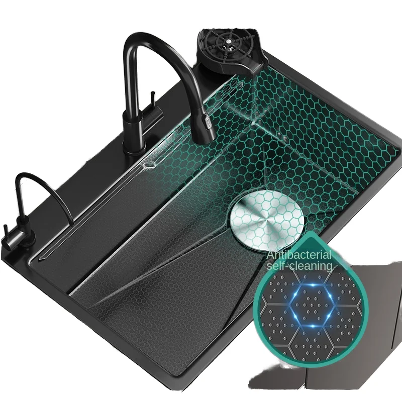 Handmade Black Nano Honeycomb Embossed Stainless Steel Kitchen Sink Single Bowl Undermount with Square Shape and Three Holes