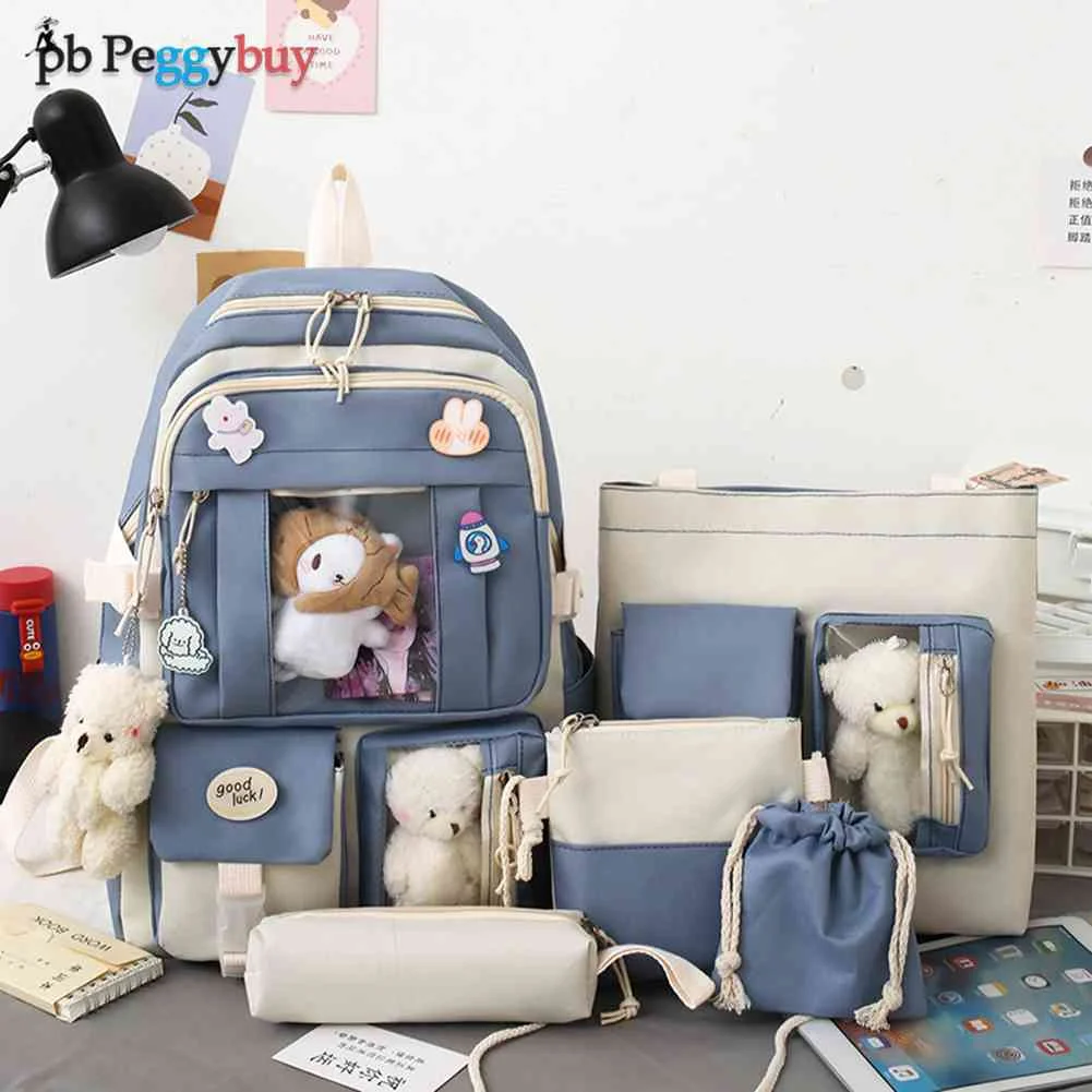 

5pcs/set Kawaii Women Backpack Korean Cute Girl Bookbags Large Capacity Teenage Student School Bag Casual Canvas Travel Rucksack