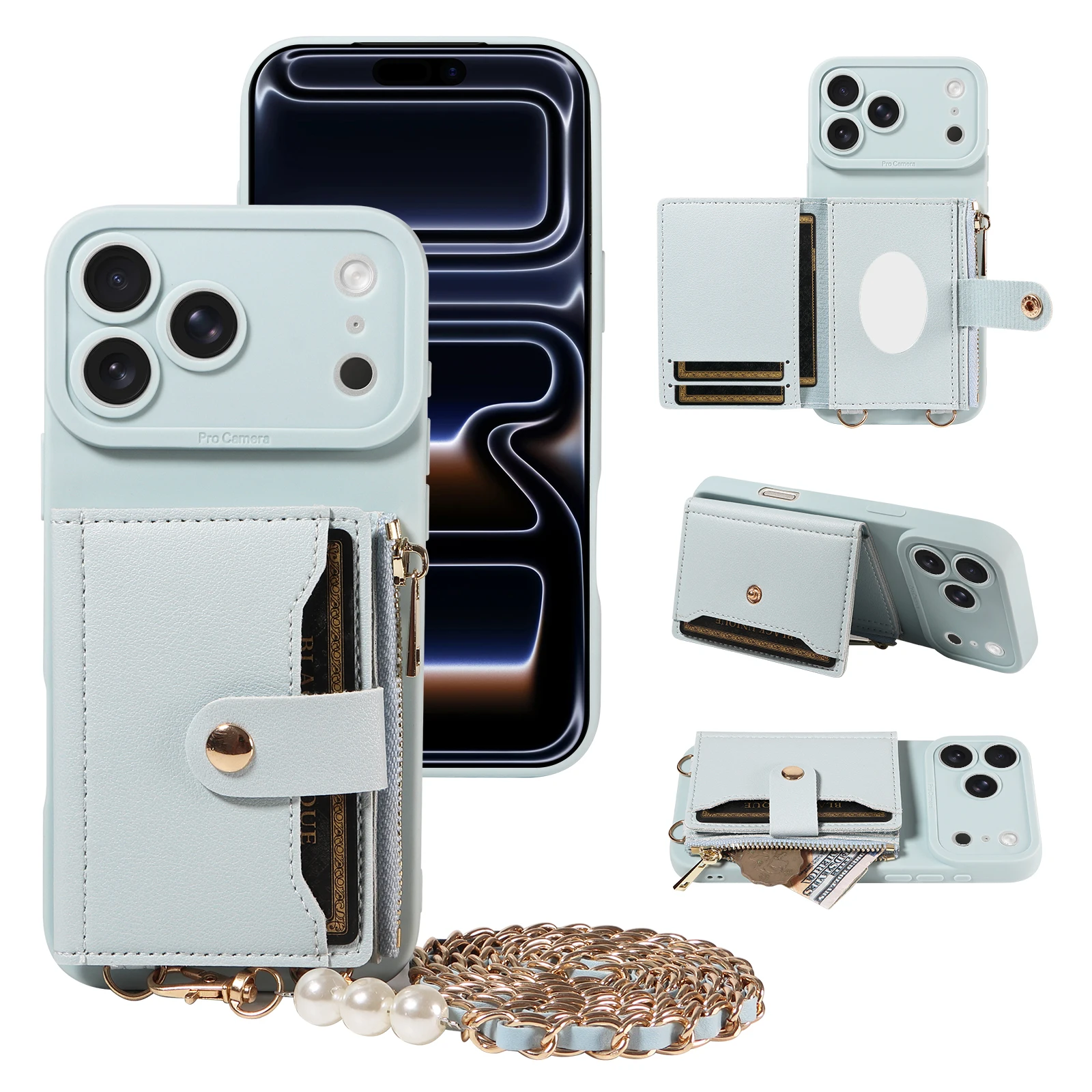 Leather Phone Case with Mirror & Pearl-Studded Strap - Shockproof Cover