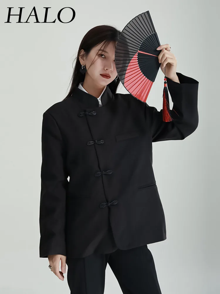 

Новый Однотонный черный костюм HALO в китайском стиле для женщин весна-лето 2024 новый дизайн ретро без воротника