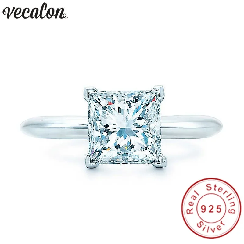 

Vecalon Handmade 100% Real 925 Sterling Silver ring Princess cut 1ct Sona 5A Zircon Cz Engagement wedding Band rings for women