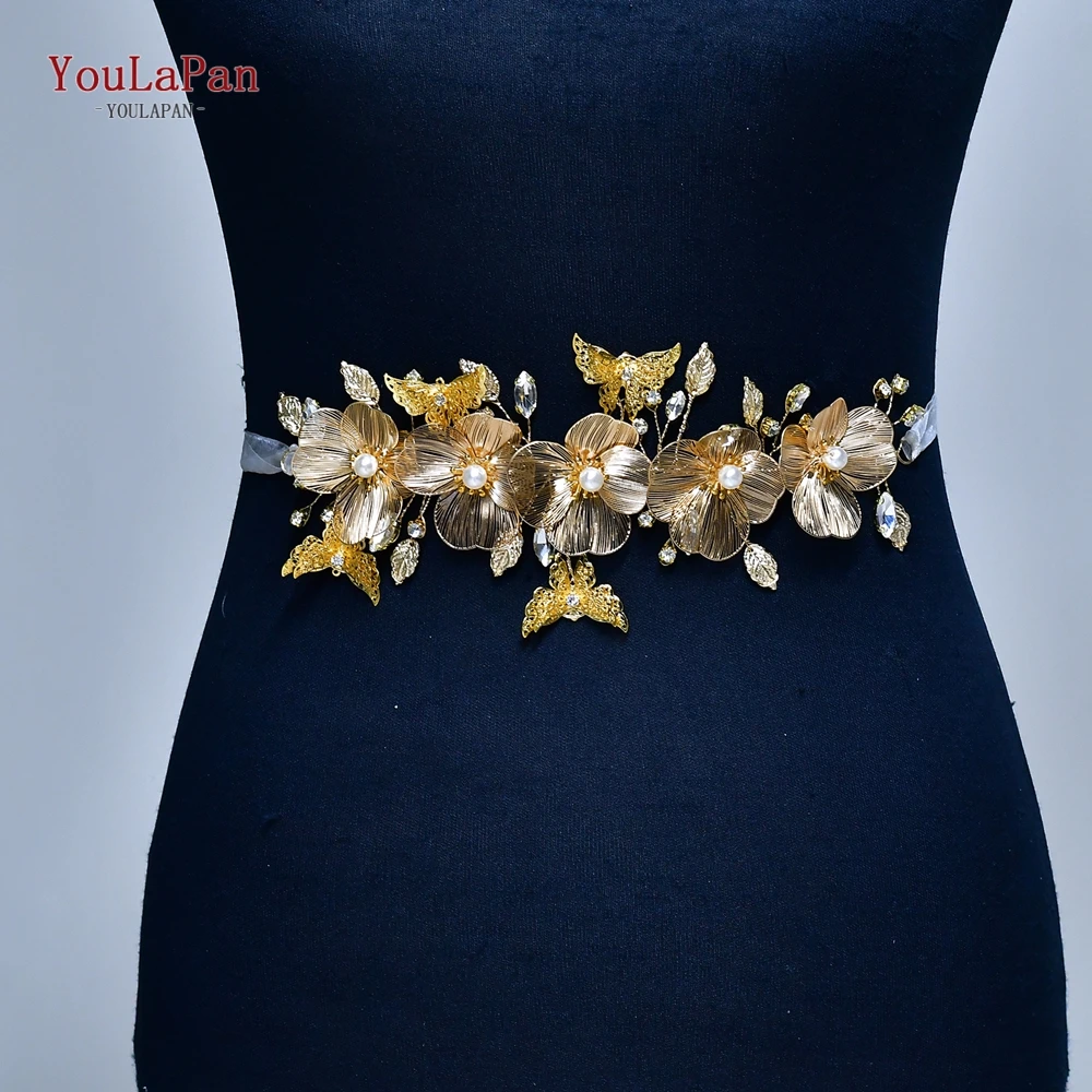 YouLaPan Eleganter goldfarbener Schmetterlings-Hochzeitsgürtel, Hochzeitskleid, Blumengürtel, handgefertigter Gürtel aus Legierung mit Blättern, Zubehör SH993 – Detail 2
