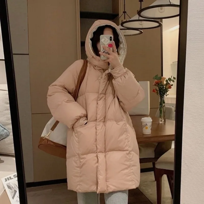 2023 New Women Down Jacket Winter Coat Female Mid Length Version Parkas Loose Thick Outwear Hooded Fashion Simplicity Overcoat