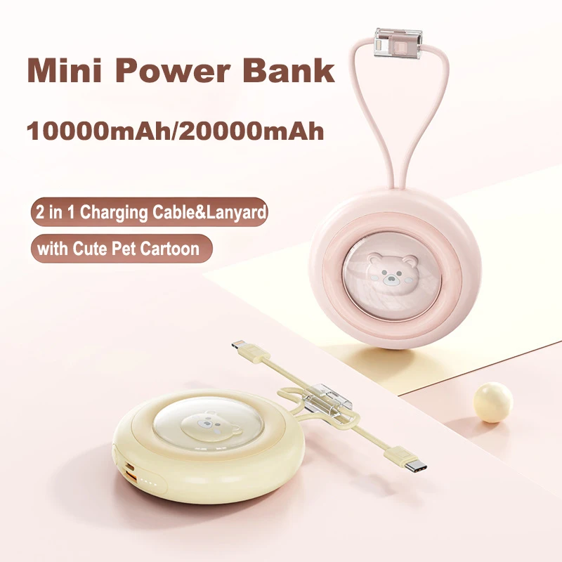 Mini Power Bank de 20000 mAh con cable integrado, diseño de mascota adorable con dibujos animados, carga rápida, cargador portátil, batería externa._voghion.com