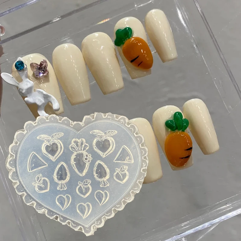 1PC Carrot DIY Reusable 3D Nail Silicone Mold 6CM Reusable Silicone Template  Embed Silicone Cartoon Fruit Molds Manicure Tool-& 2