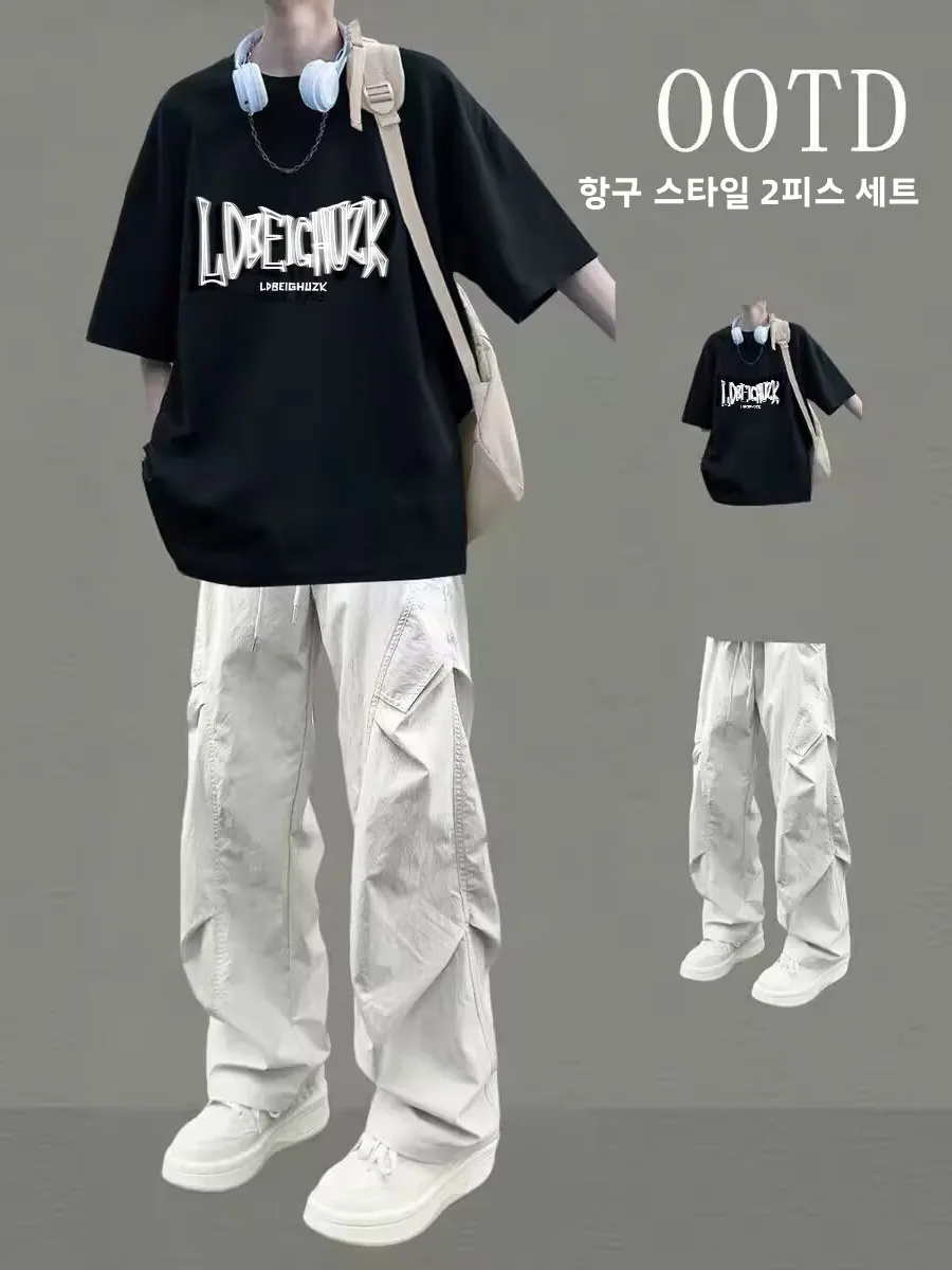 여름 신상 남성 캐주얼 면 작업복 반팔 티셔츠 세트 (긴 바지 포함) 시원하고 트렌디한 남성 패션 청년 스포츠웨어