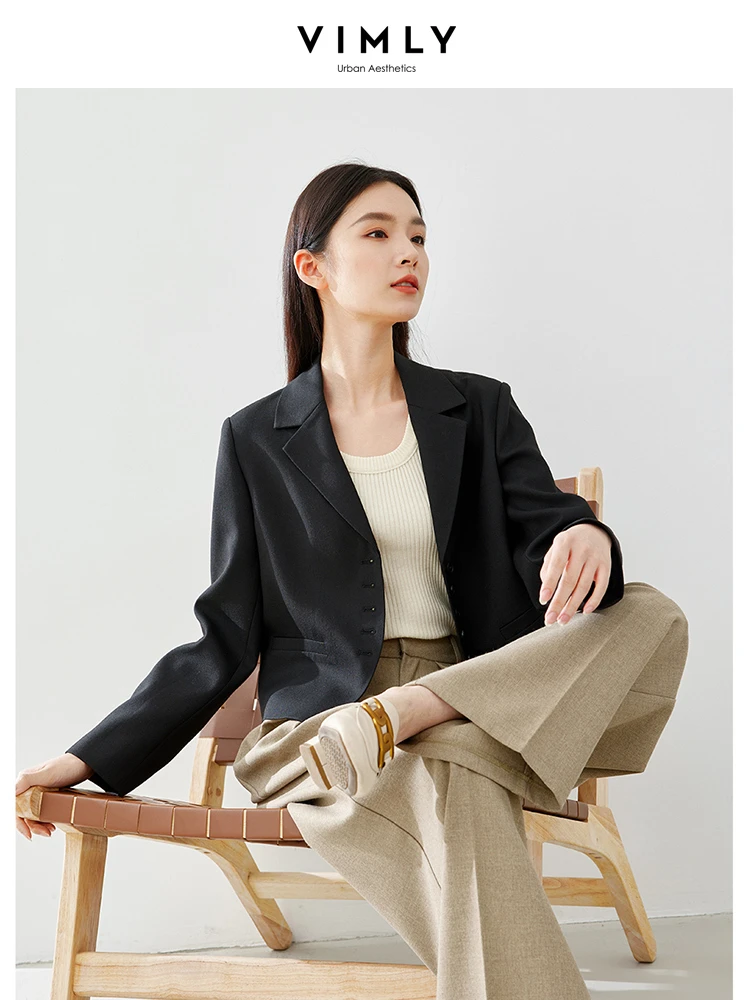 Vimly Spring Cropped Suit Jacket Women Blazer Solid Notched Single Breasted Long Sleeve Coat Office Ladies Outerwear M5168
