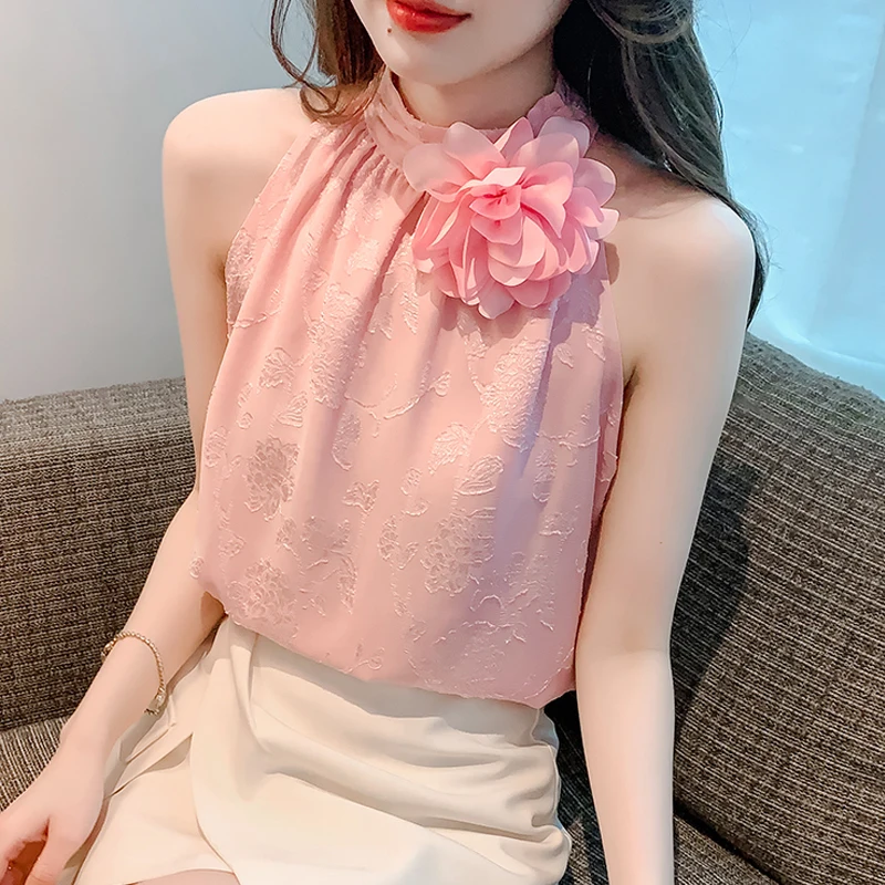 

2023 Summer Bohemian Shirts for Women New Heavy Three-Dimensional Flower Chiffon Halter Blouses Tops Woman